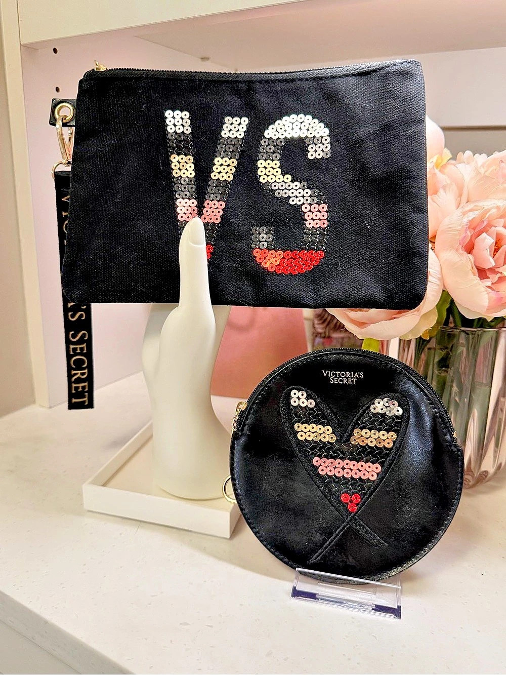 Victoria's Secret Sequin VS Logo & Heart 2-Piece Pouch Set New